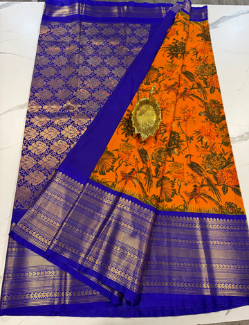 SGK-2997 Mustured n blue  gadwal Kalamkari saree