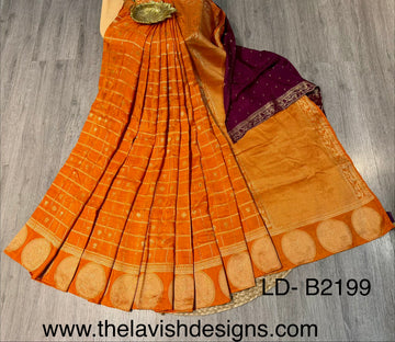 LD-B2199 Banaras crape sarees orange with weaving checks and meroon blouse