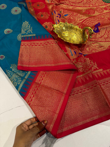 SN-35 Semi narayanpet krishnan blue and red border saree