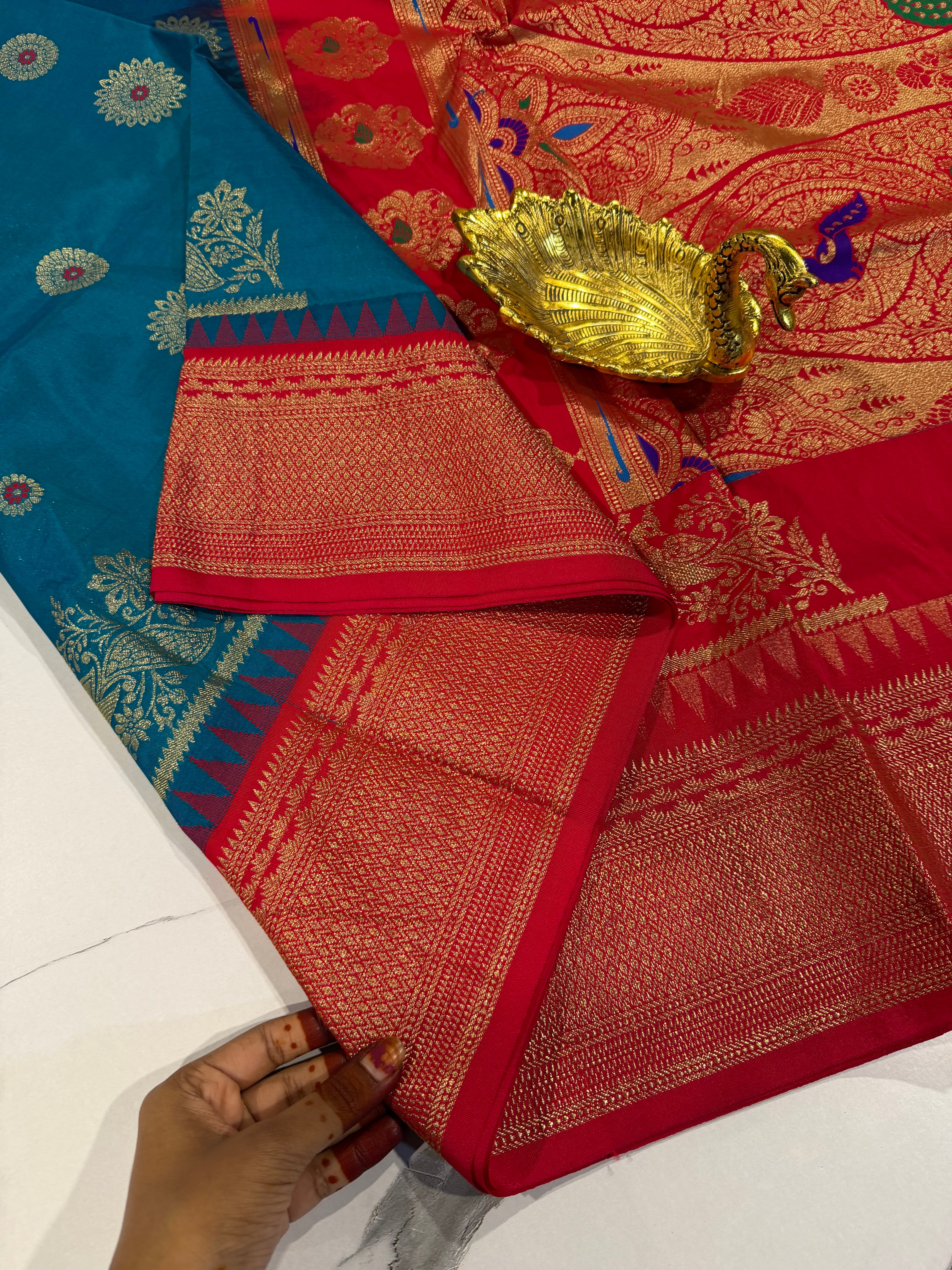 SN-35 Semi narayanpet krishnan blue and red border saree