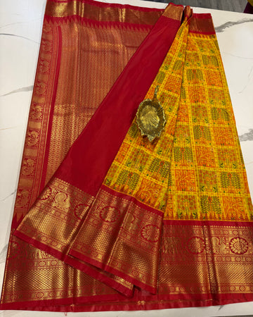 SGK-2997 yelllow n Red  gadwal Kalamkari saree