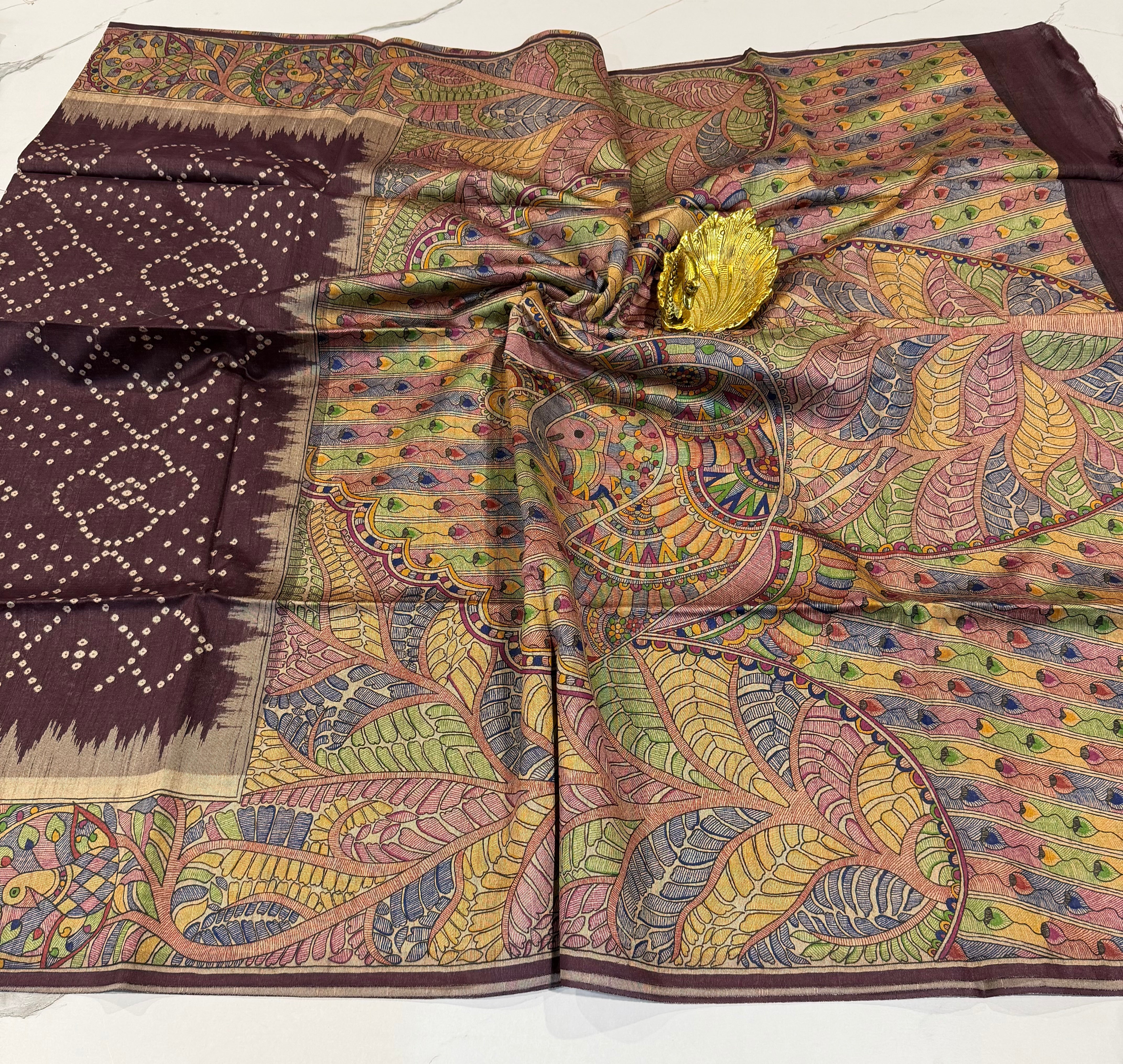 TM-9 Brown saree Tussar Bhandij