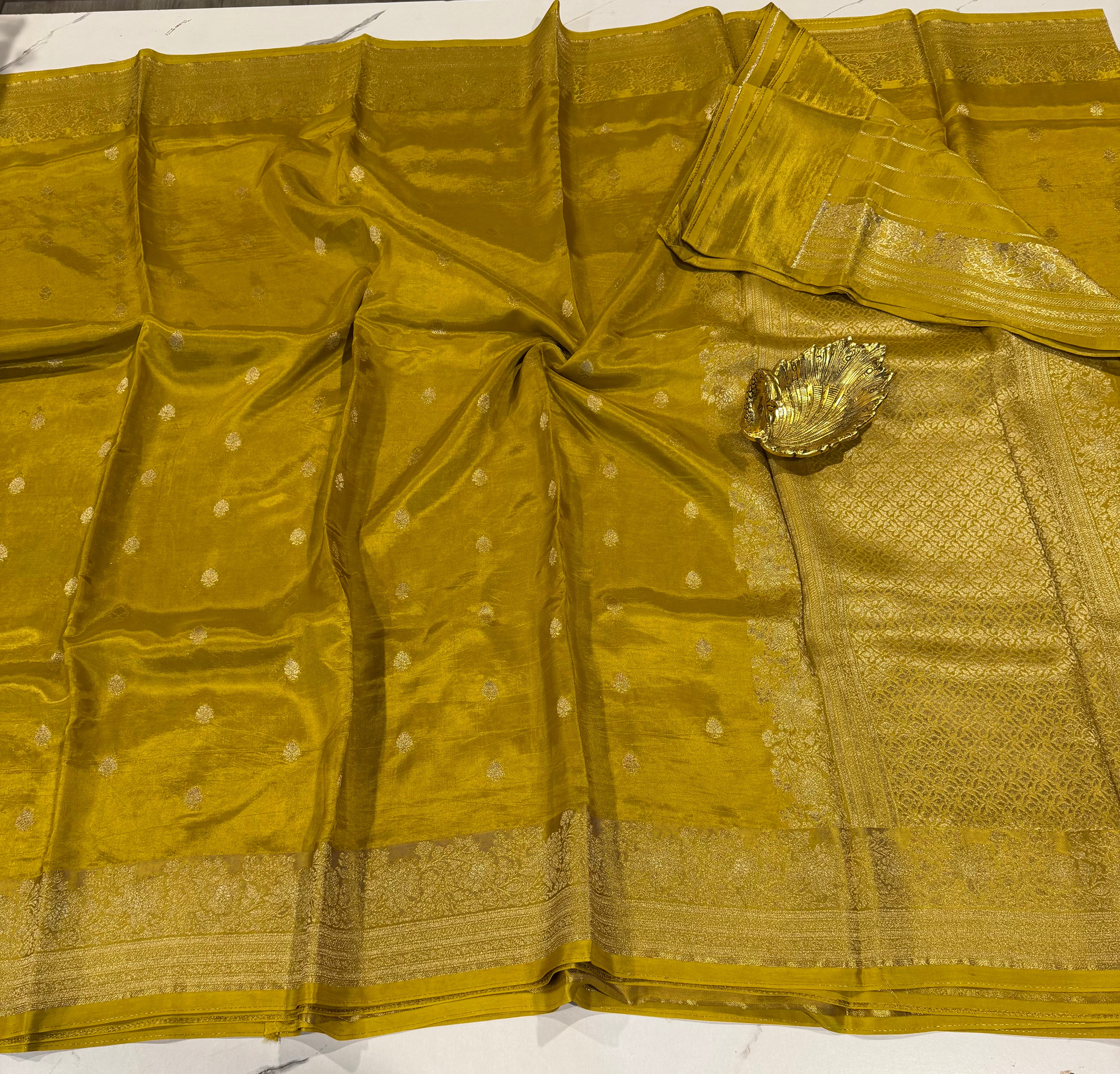 Gm-3950 banaras green mango  Mustard yellow color saree