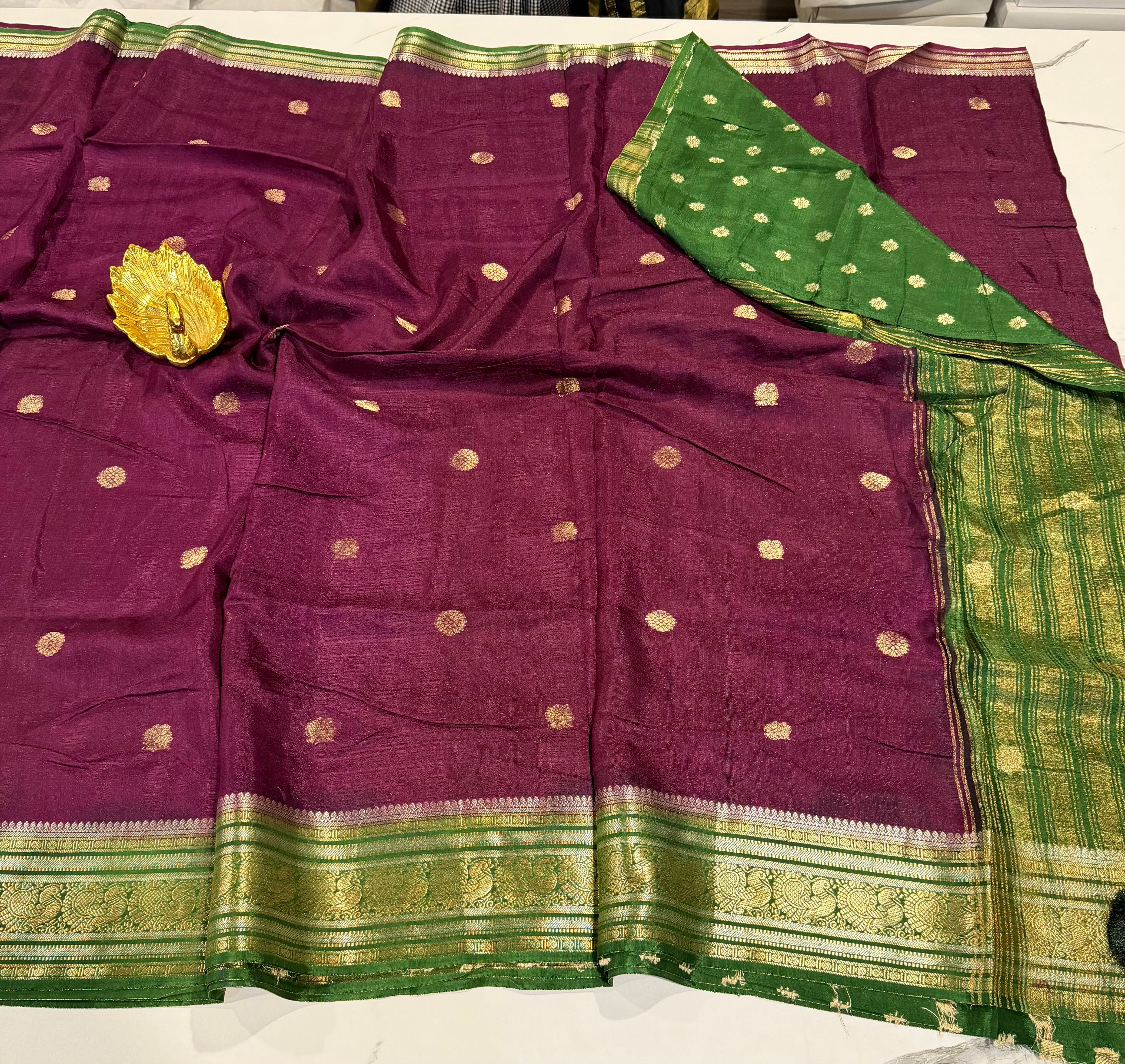 KJC3- wine n Green  -Kanchi Jute Crepe Saree
