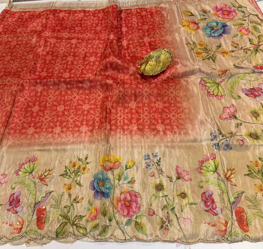 TZ-2351 Red n cream One gram tissue saree cocktail edition