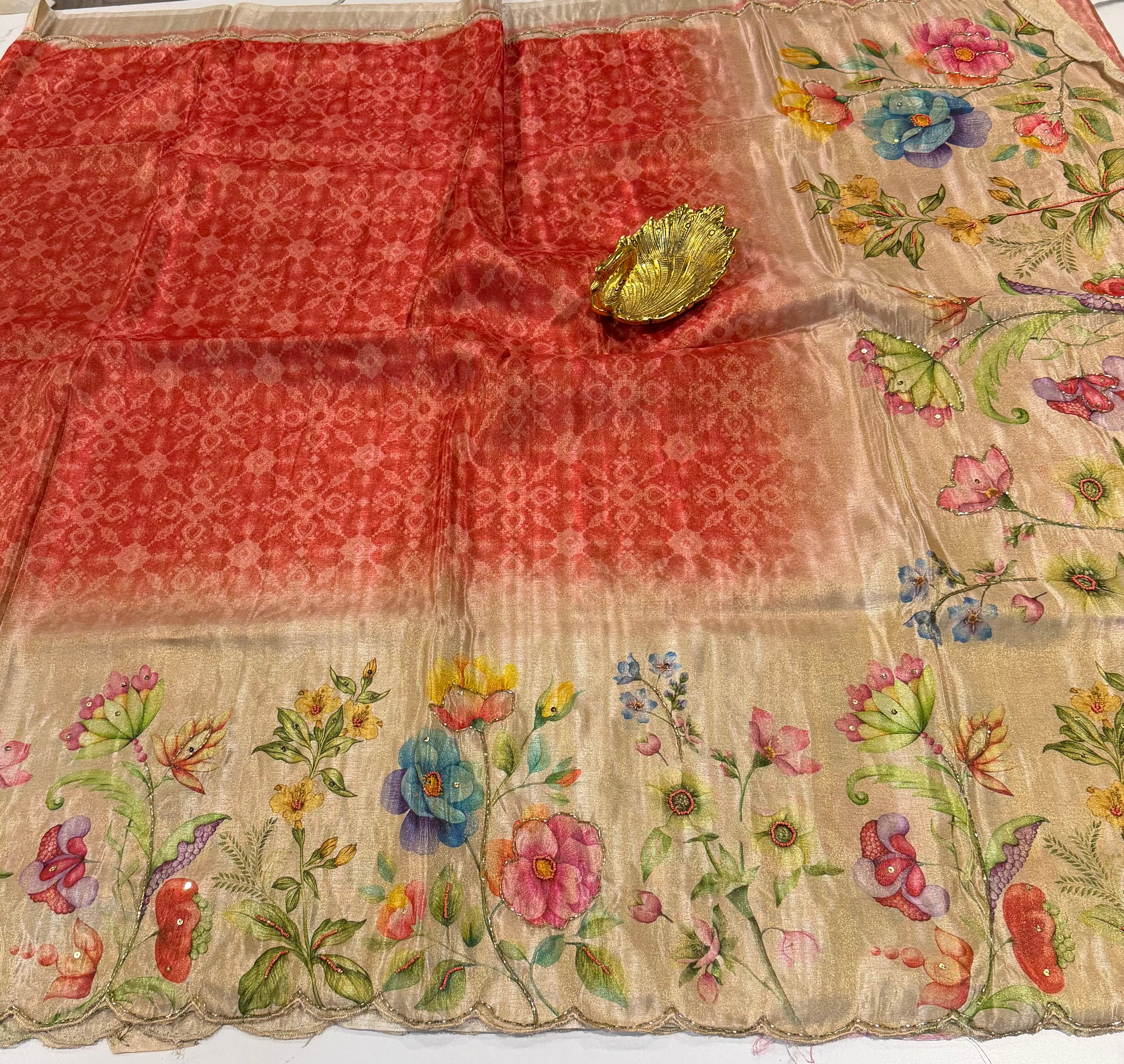 TZ-2351 Red n cream One gram tissue saree cocktail edition