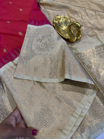 LD-G2299 vintage Semi Gadwal red and cream Border with butta saree