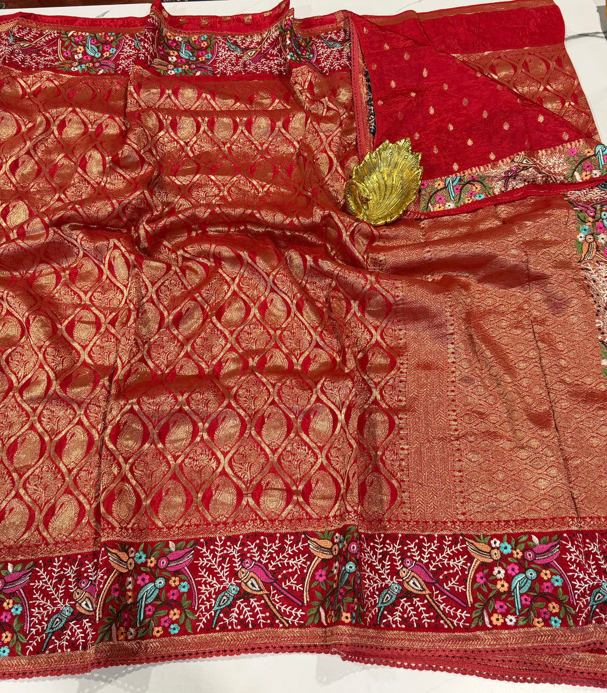 PH-3499 Red  Banaras katan Pettit work saree