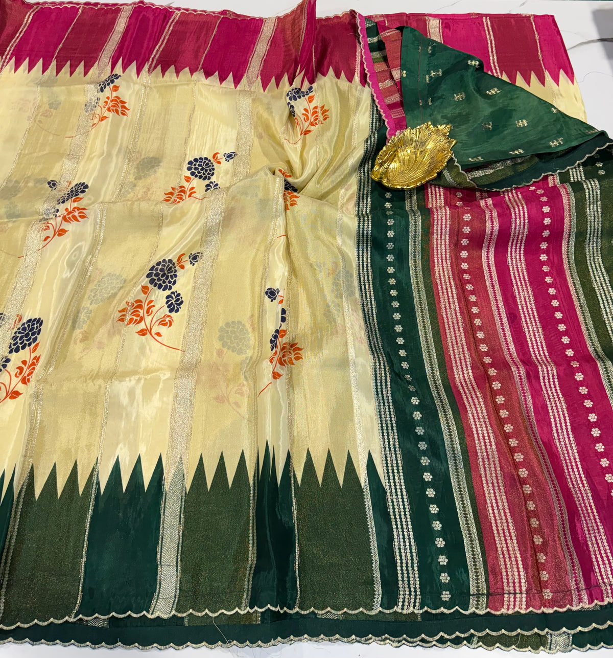 M-33 Ganga Jamuna Mysore crepe saree pink n Green  scallop borders