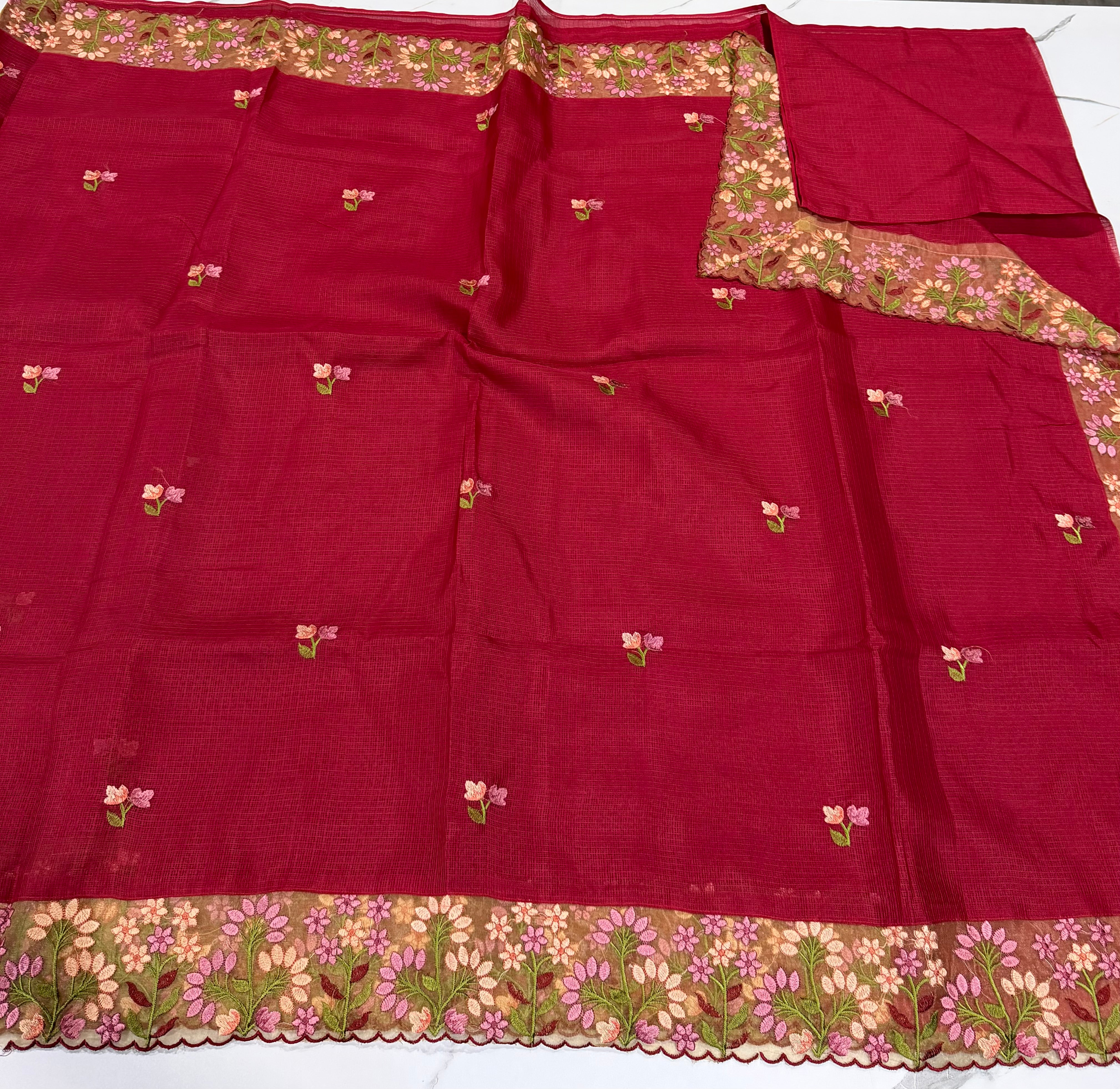 SkP-26 Red saree Supernet Kota Pettit work