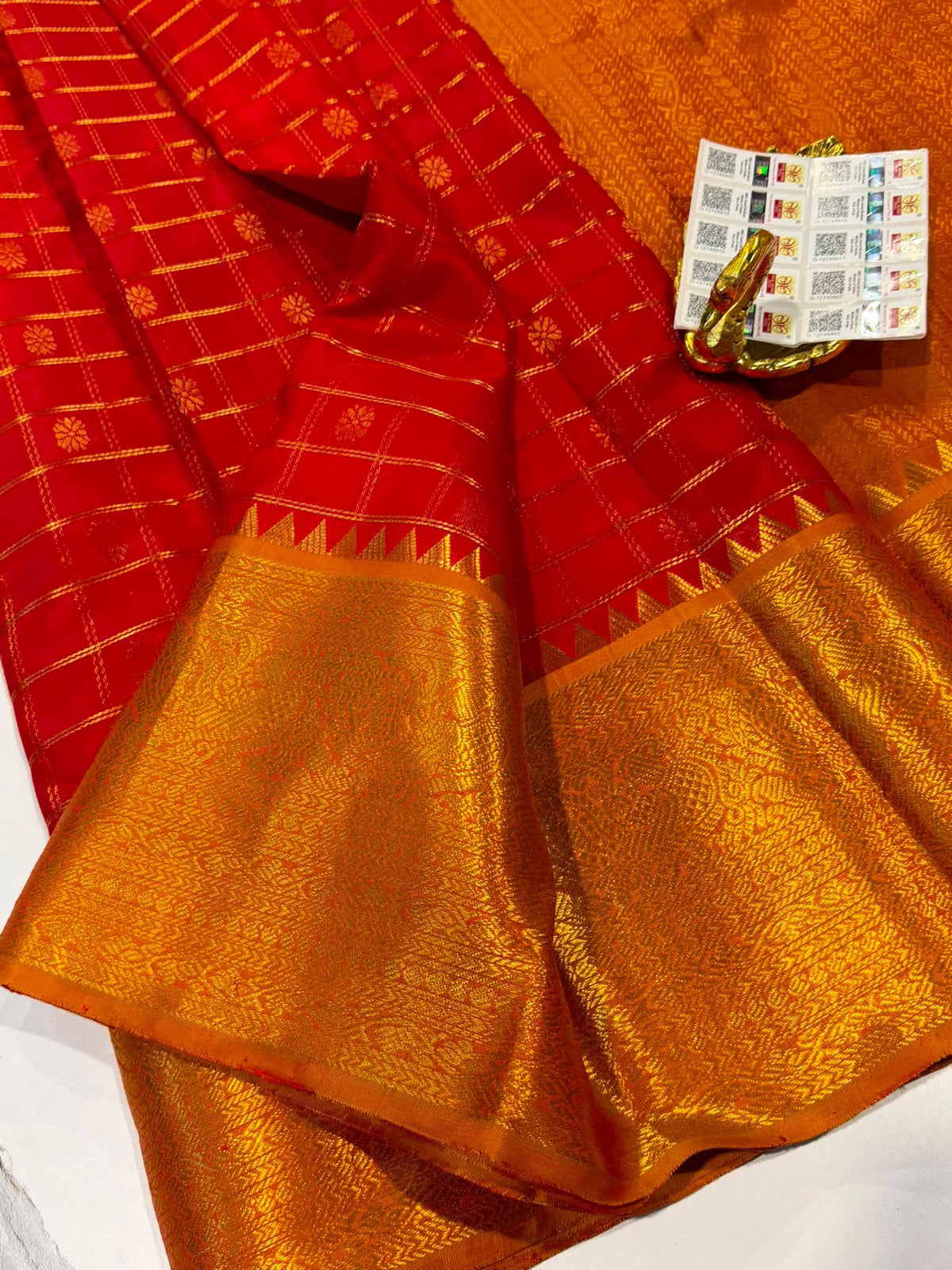 PHV-115 red n mustard yellow border pure handloom vintage kanchi saree