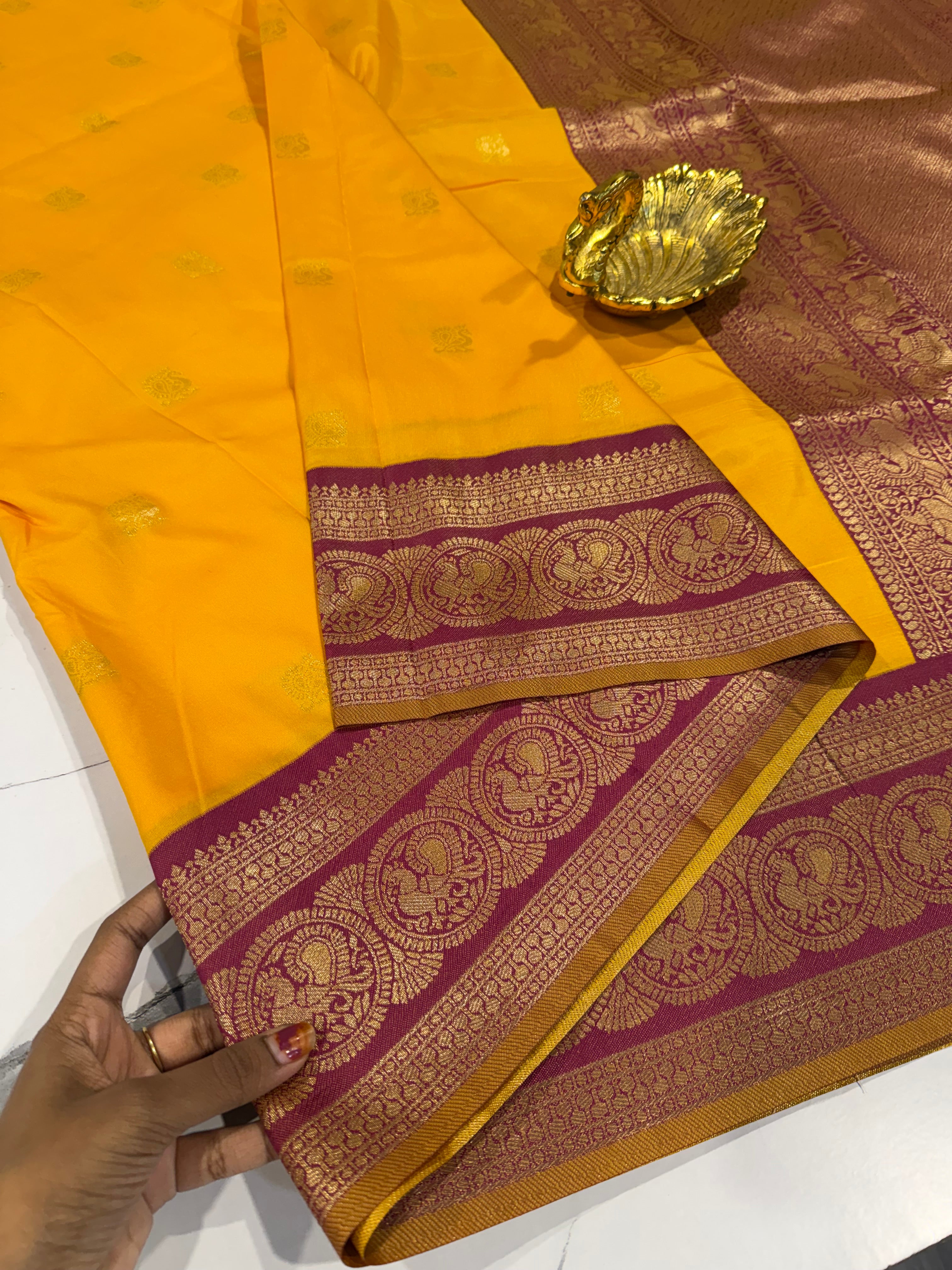 NS-1100 yellow and maroon border semi narayanapet saree