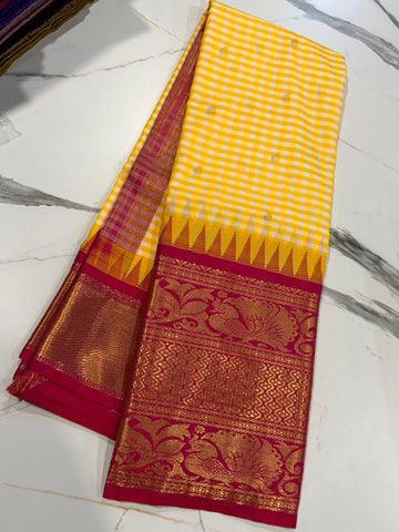 SGC-2500 Madras checks gadwal yellow n pink border saree