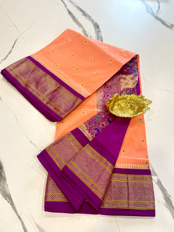 LD-N9 peach n Magentha saree Narayanapet semi pattu chakra butta