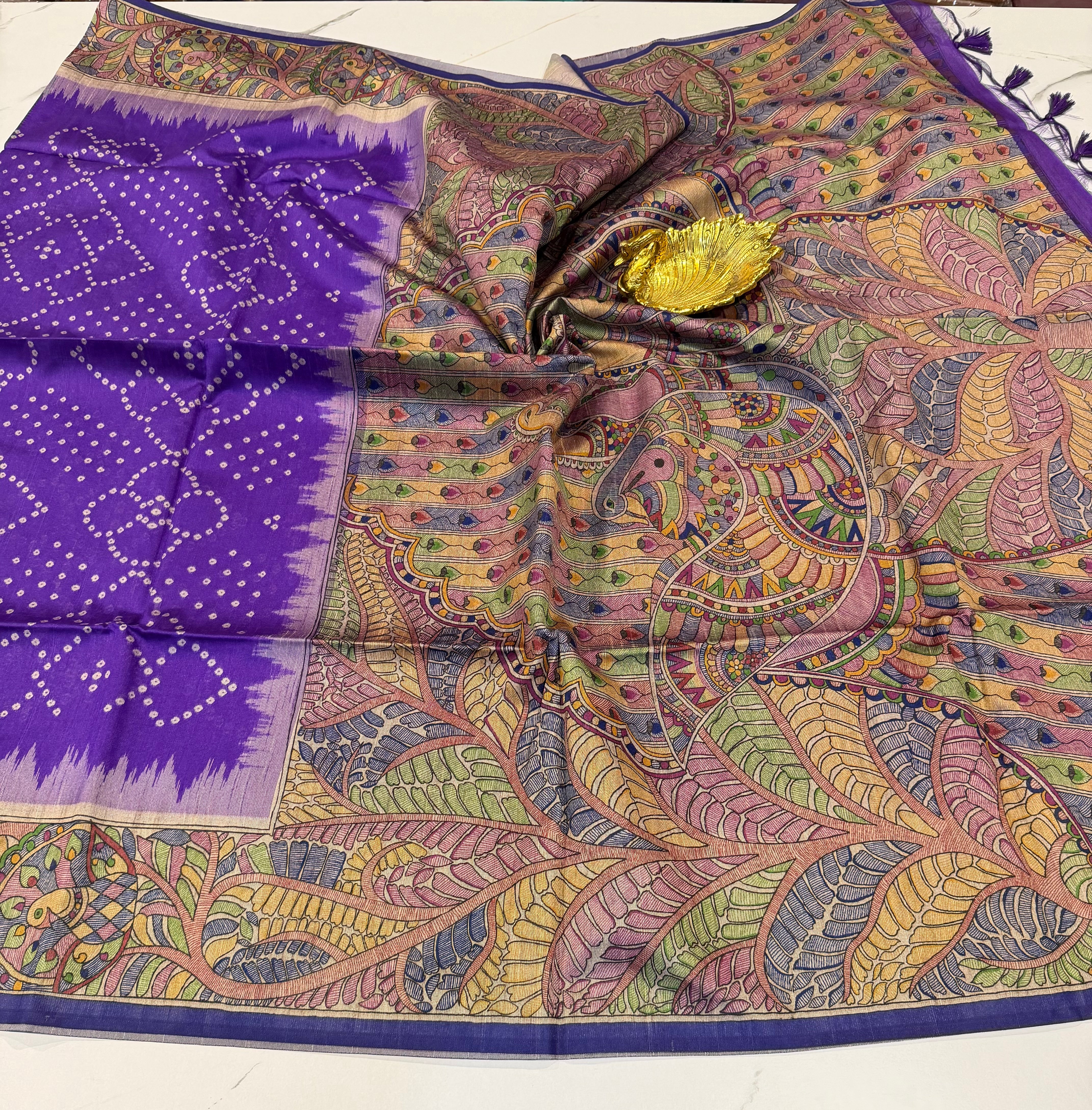 TM-9 violet saree Tussar Bhandij