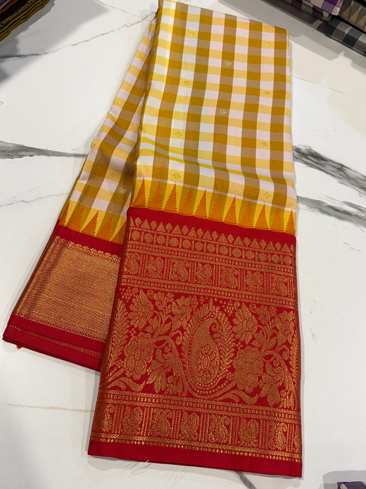 SGC-2500 Madras checks gadwal mustered and Red border saree