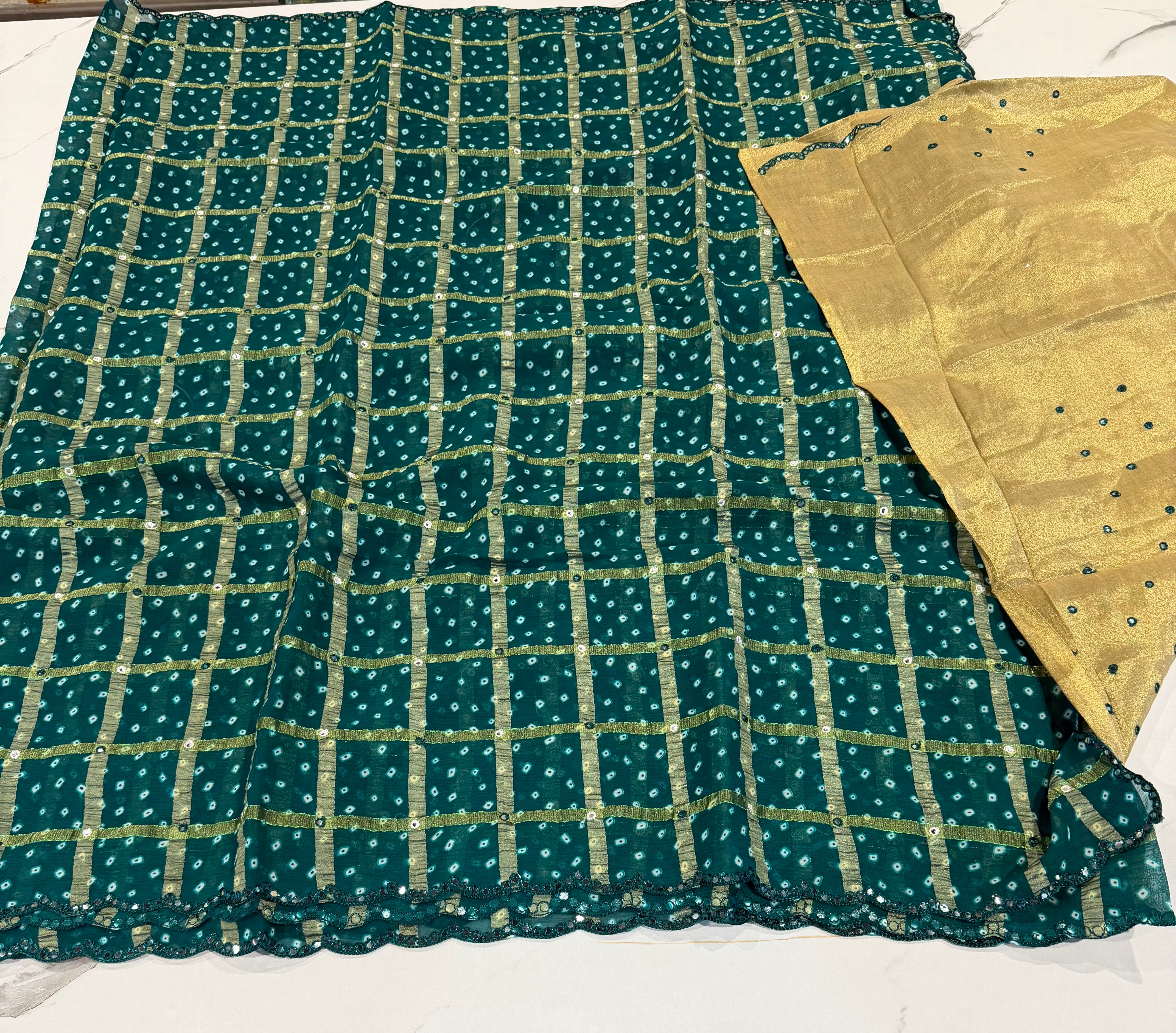 LD-B2 bandini Georgette foil mirror Peacock green saree
