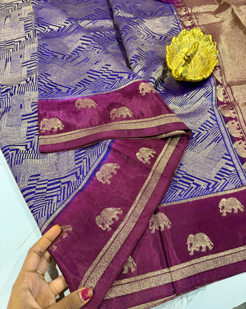 KW-2549  blue n wine border saree Kanchi green mango