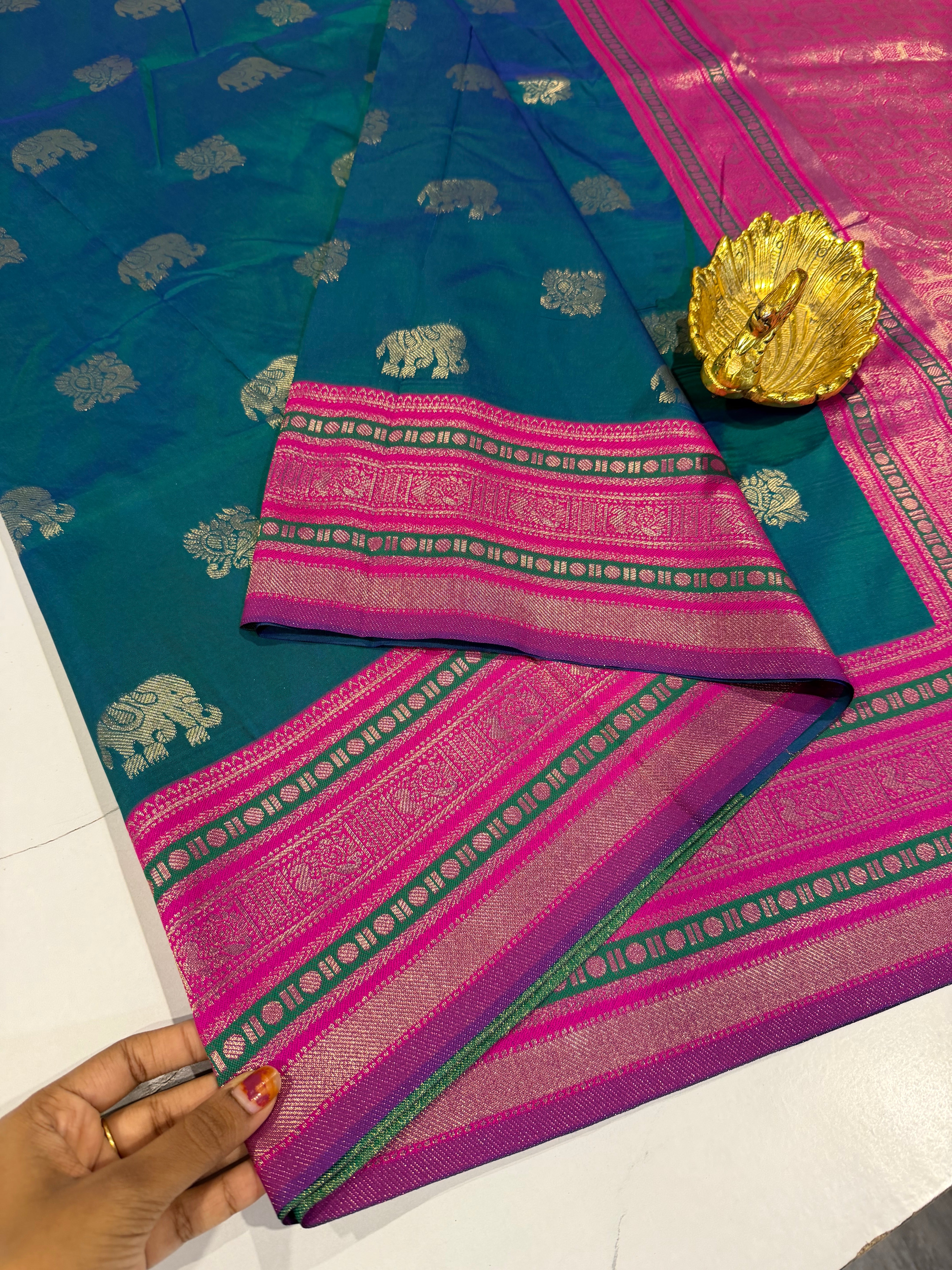 NS-1100 peacock blue and purple border semi narayanapet saree
