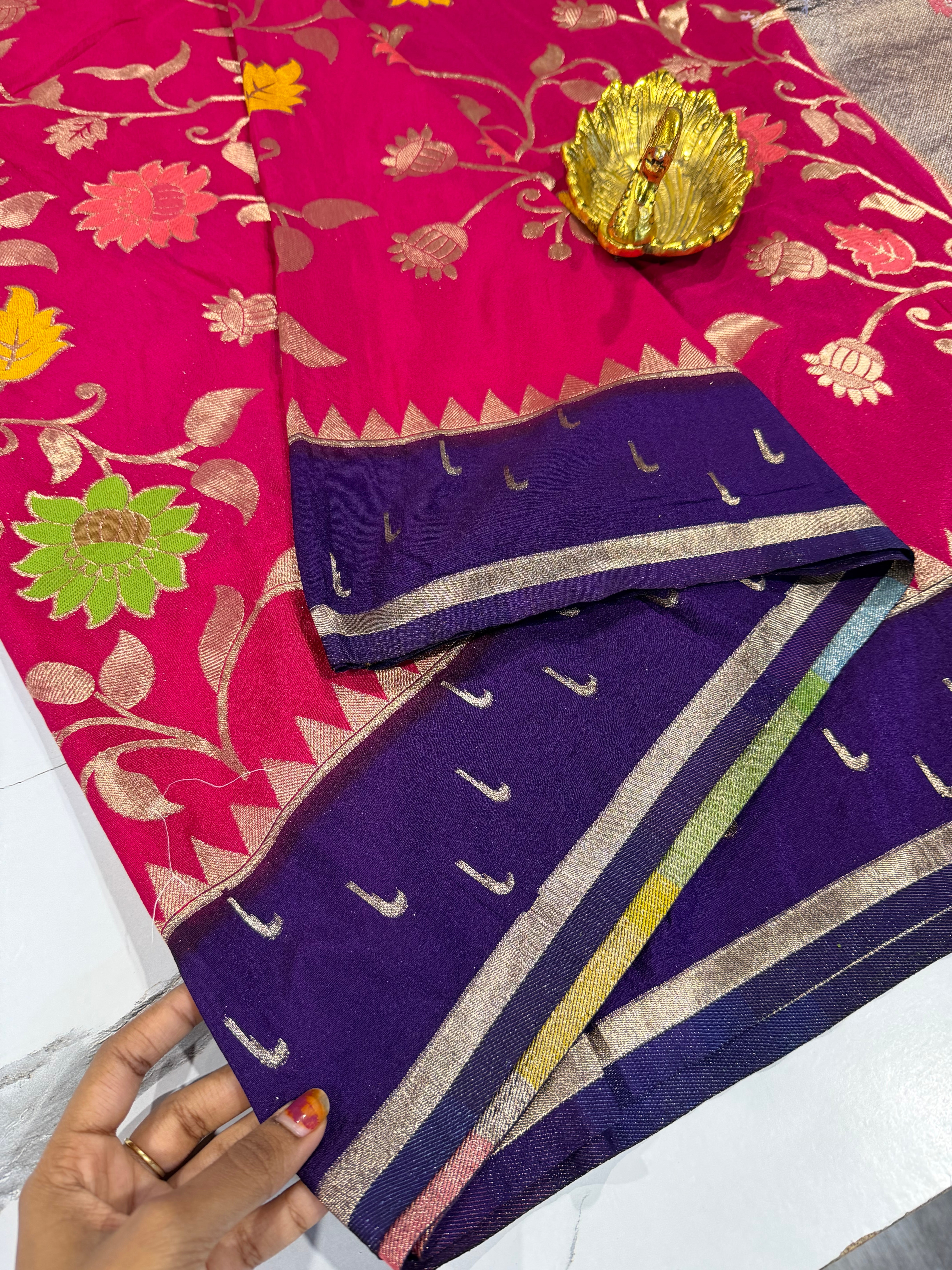 SMJ-1899 ranipink and violet border semi Georgette jamdani saree