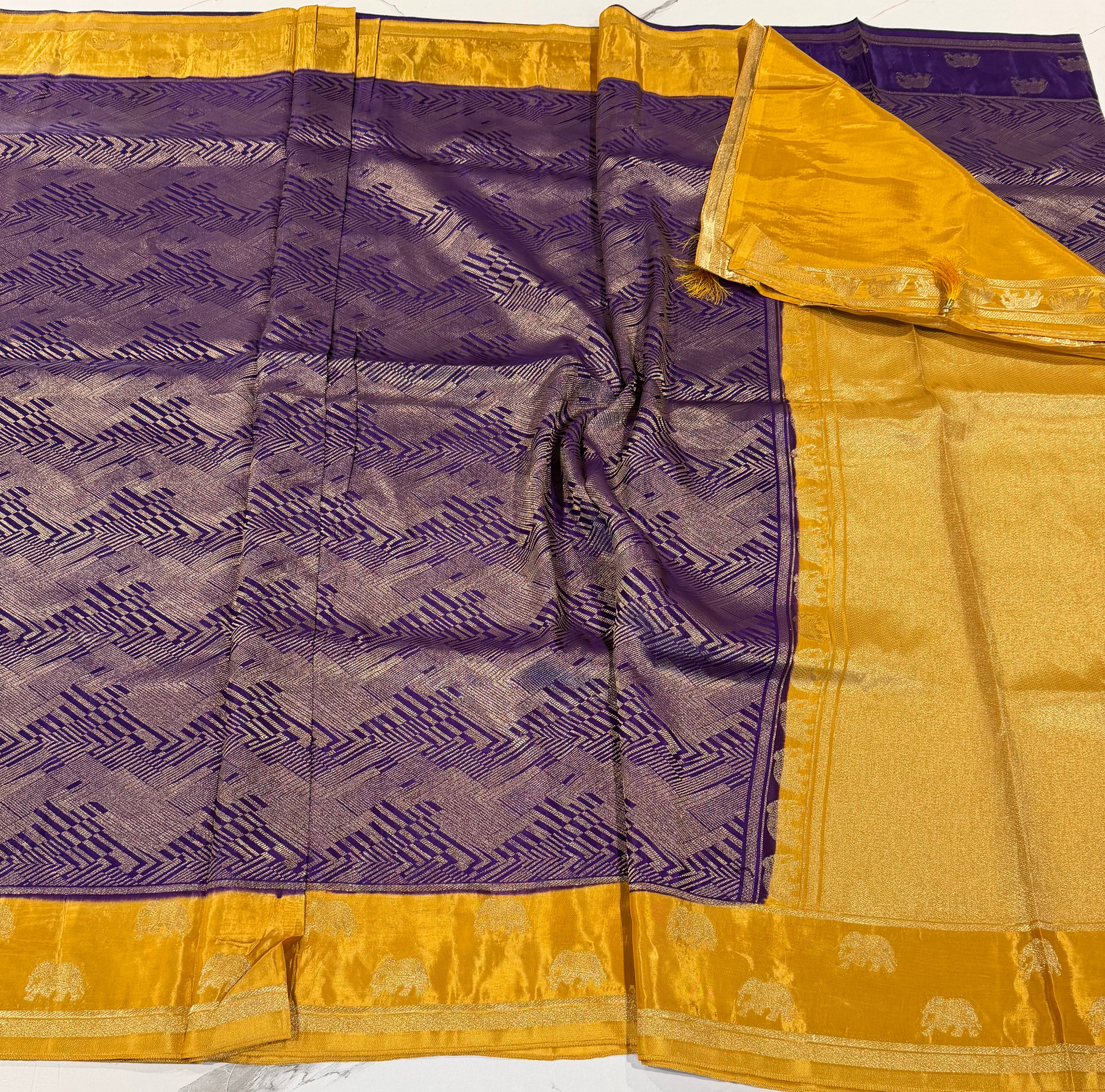 KW-2549  violet n mustard yellow border saree Kanchi green mango