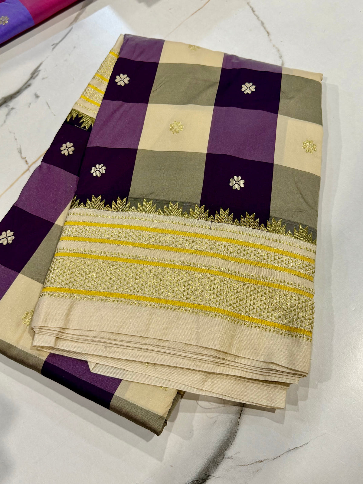 M-3450 cream , purple & brinjal Madras checks Narayanpet saree