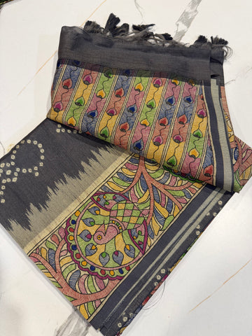 TM-9 grey saree Tussar Bhandij