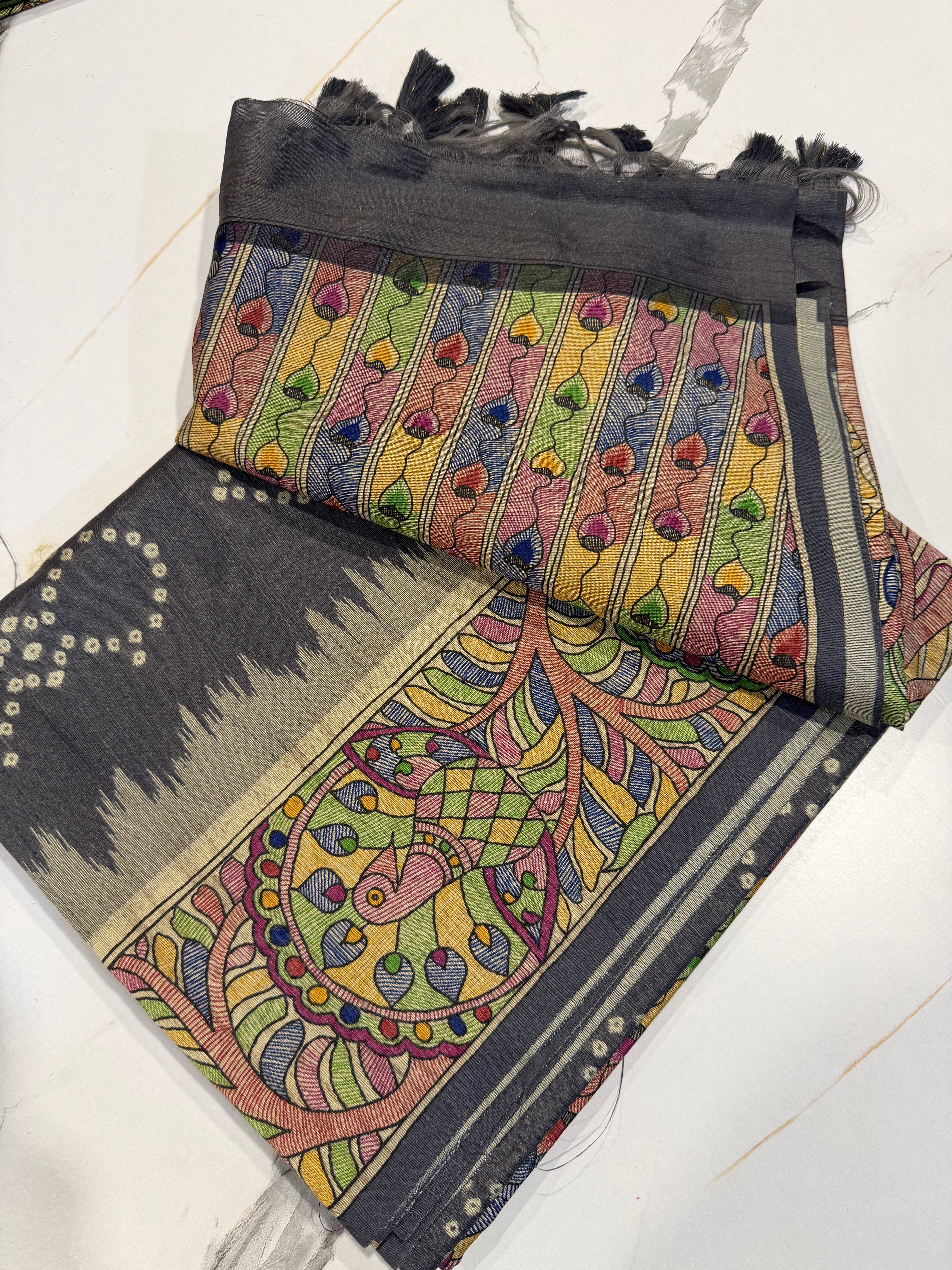 TM-9 grey saree Tussar Bhandij