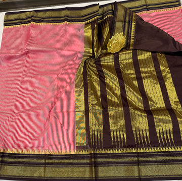 LD-N22 narayanapeta semi checks saree red and brown border