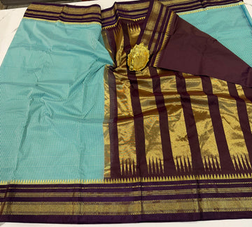 LD-N22 narayanapeta semi checks saree sea blue and brown border