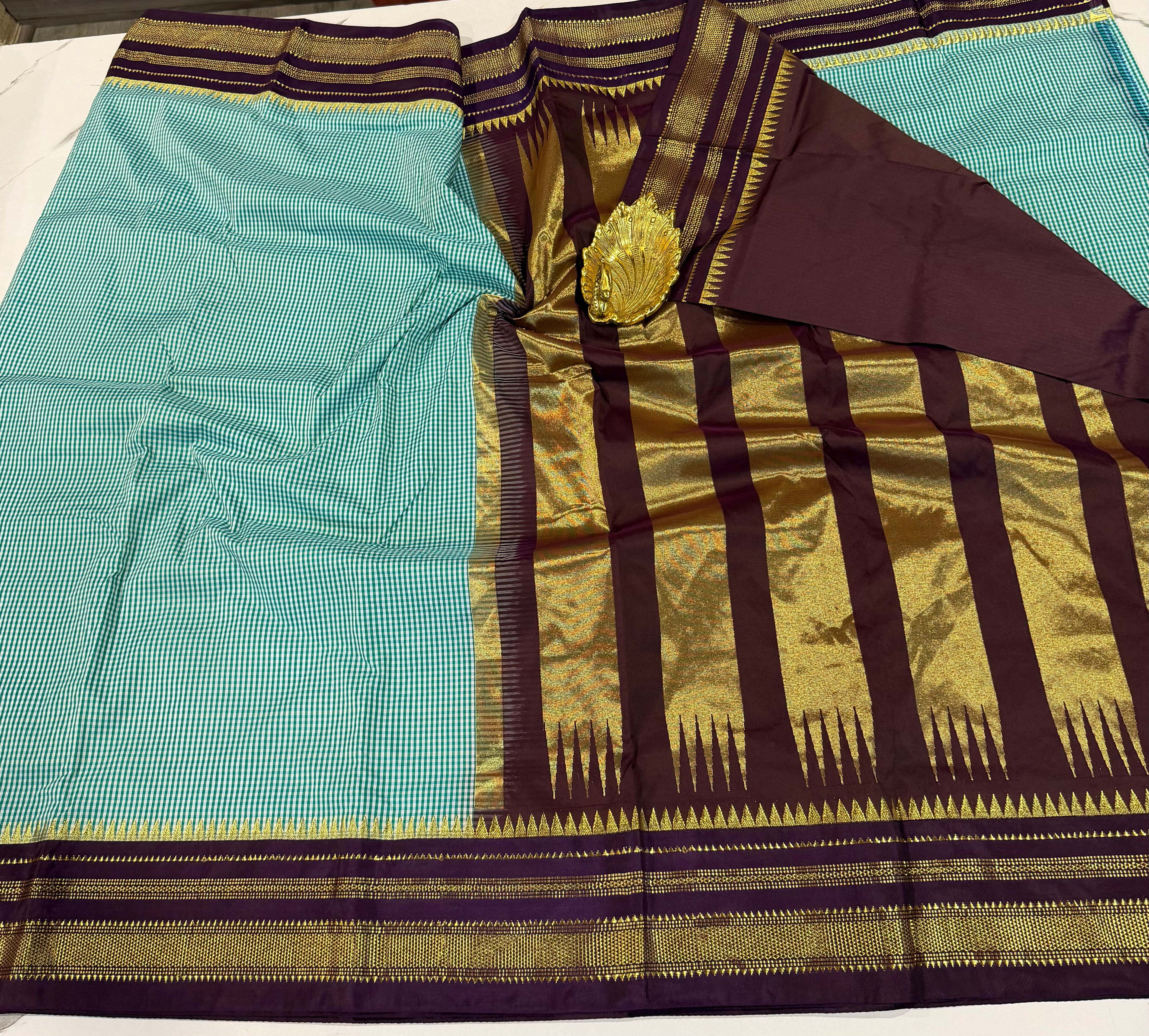 LD-N22 narayanapeta semi checks saree sea blue and brown border