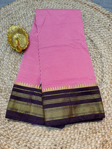 LD-N22 Narayanpet Checks Semi Pink n white checks with wine Border