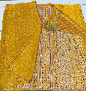 AM-950 Mustard yellow Ajrak mirrors saree