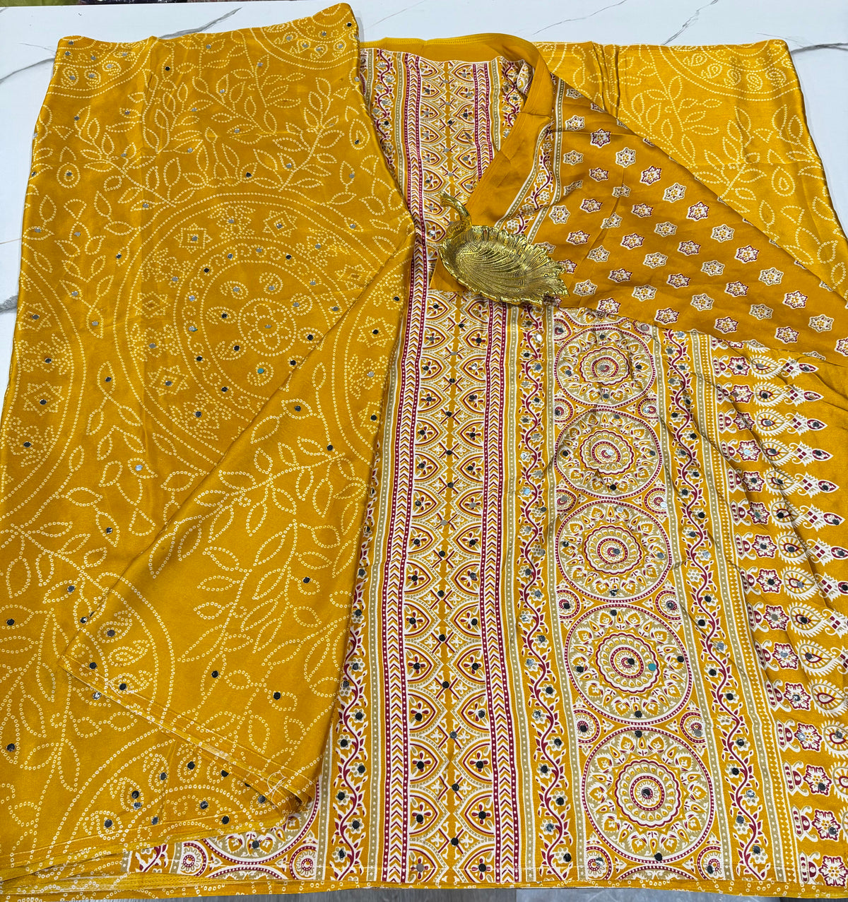 AM-950 Mustard yellow Ajrak mirrors saree
