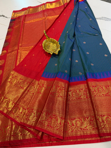 VG2 peacock blue & Red semi Gadwal saree