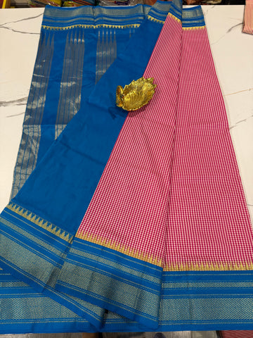LD-N22 narayanapeta pink and white checks and krishna blue border saree