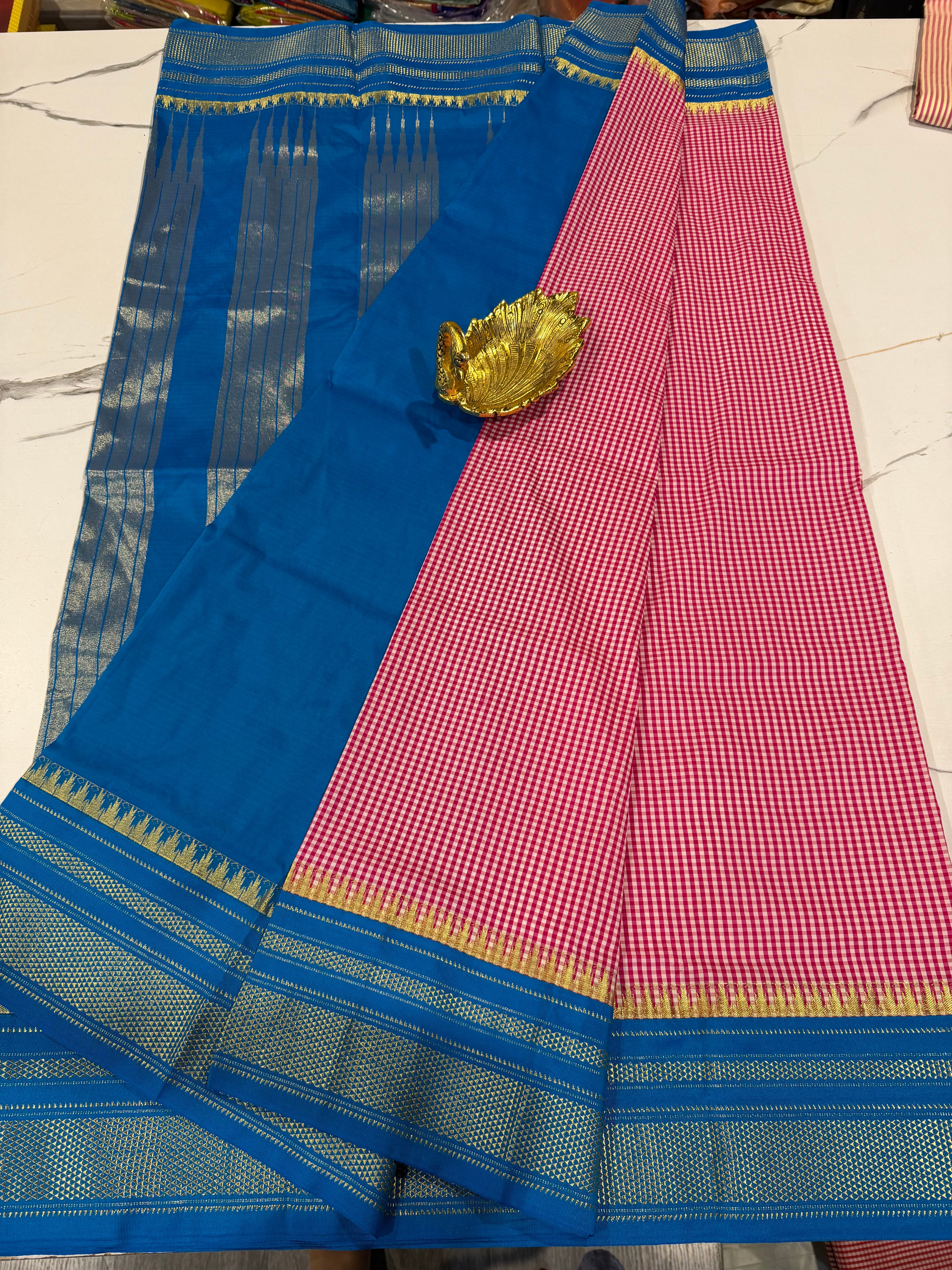 LD-N22 narayanapeta pink and white checks and krishna blue border saree