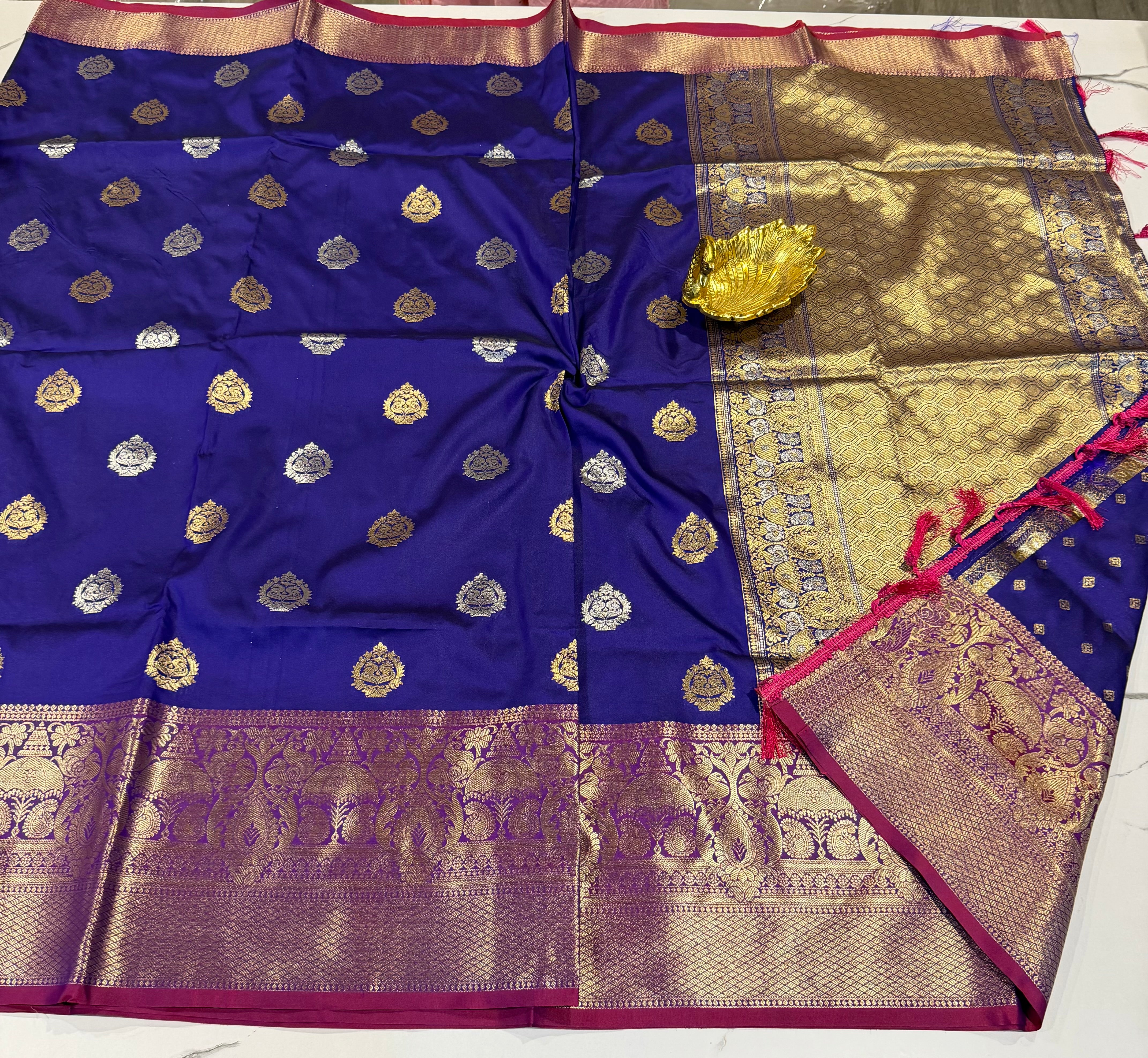 Ks-14 blue saree and magenta pink borders saree