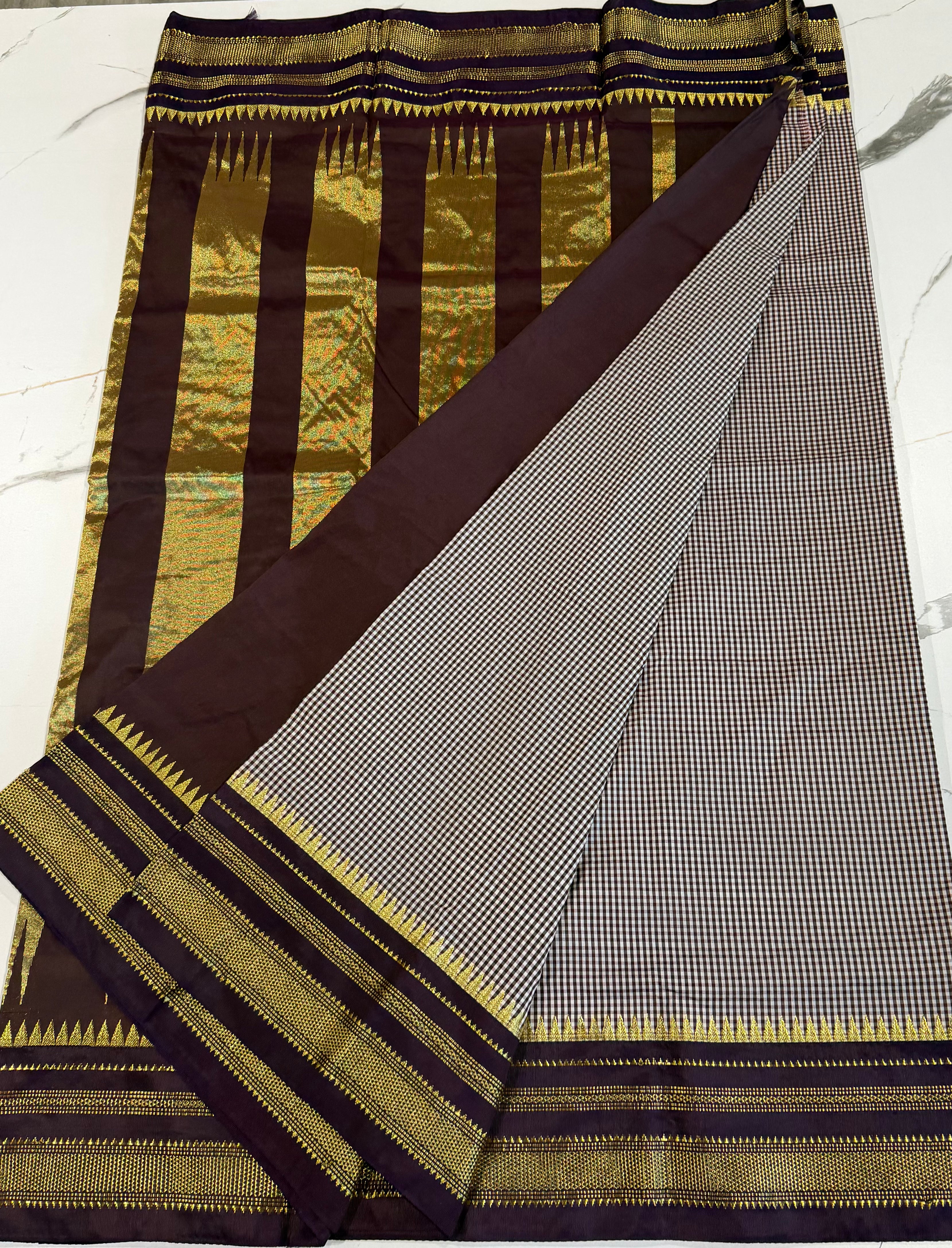 LD-N22 narayanapeta checks saree brown and wine colour saree