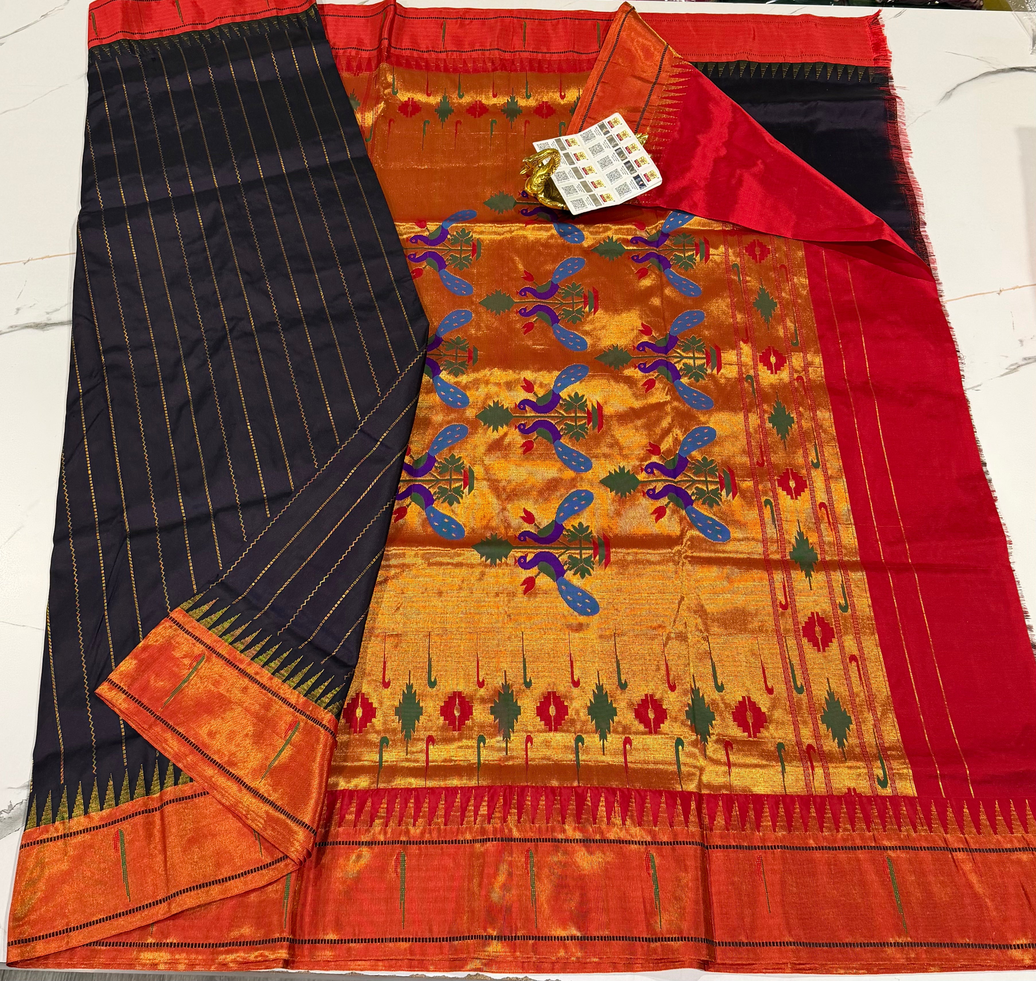 P-142 Midnight navy wine colour Paithani Pure silk vertical lines saree