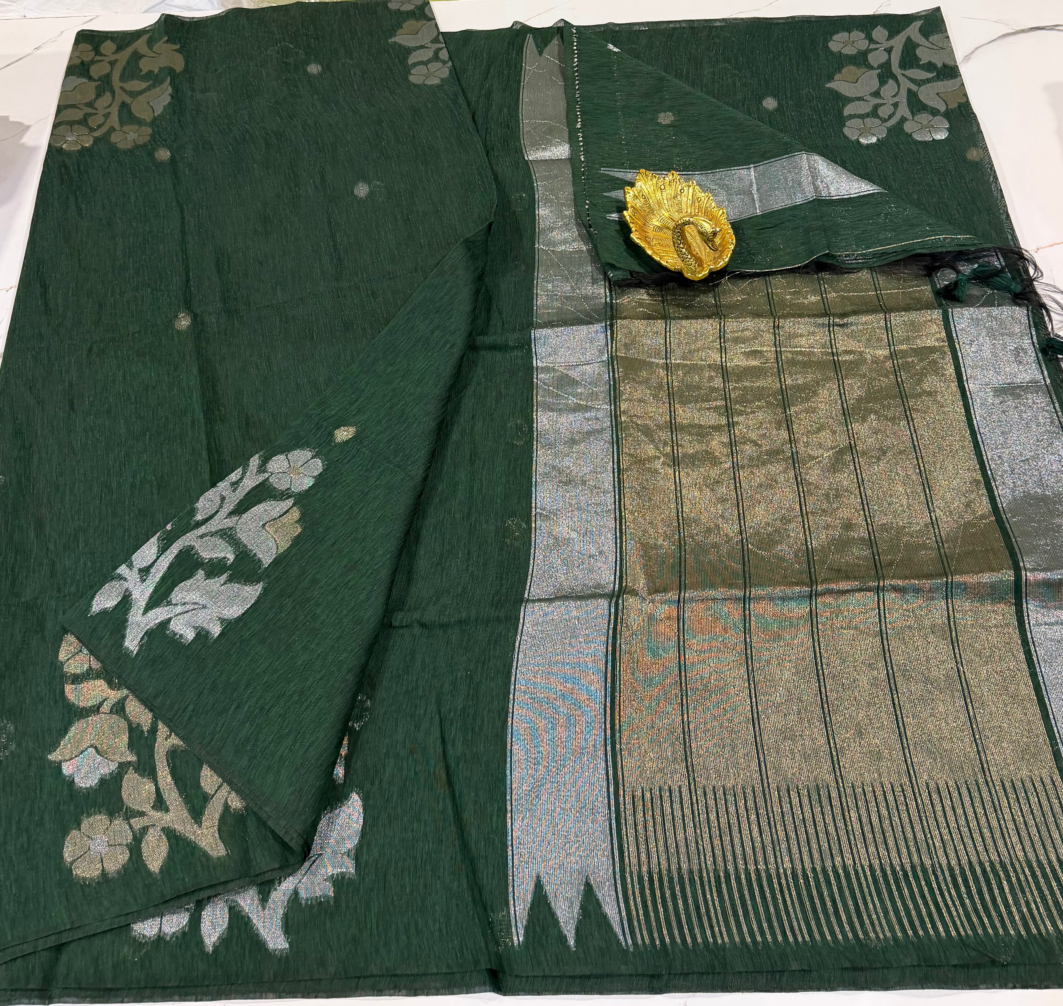 TL-1550 Green colour Linen jamdani floral saree