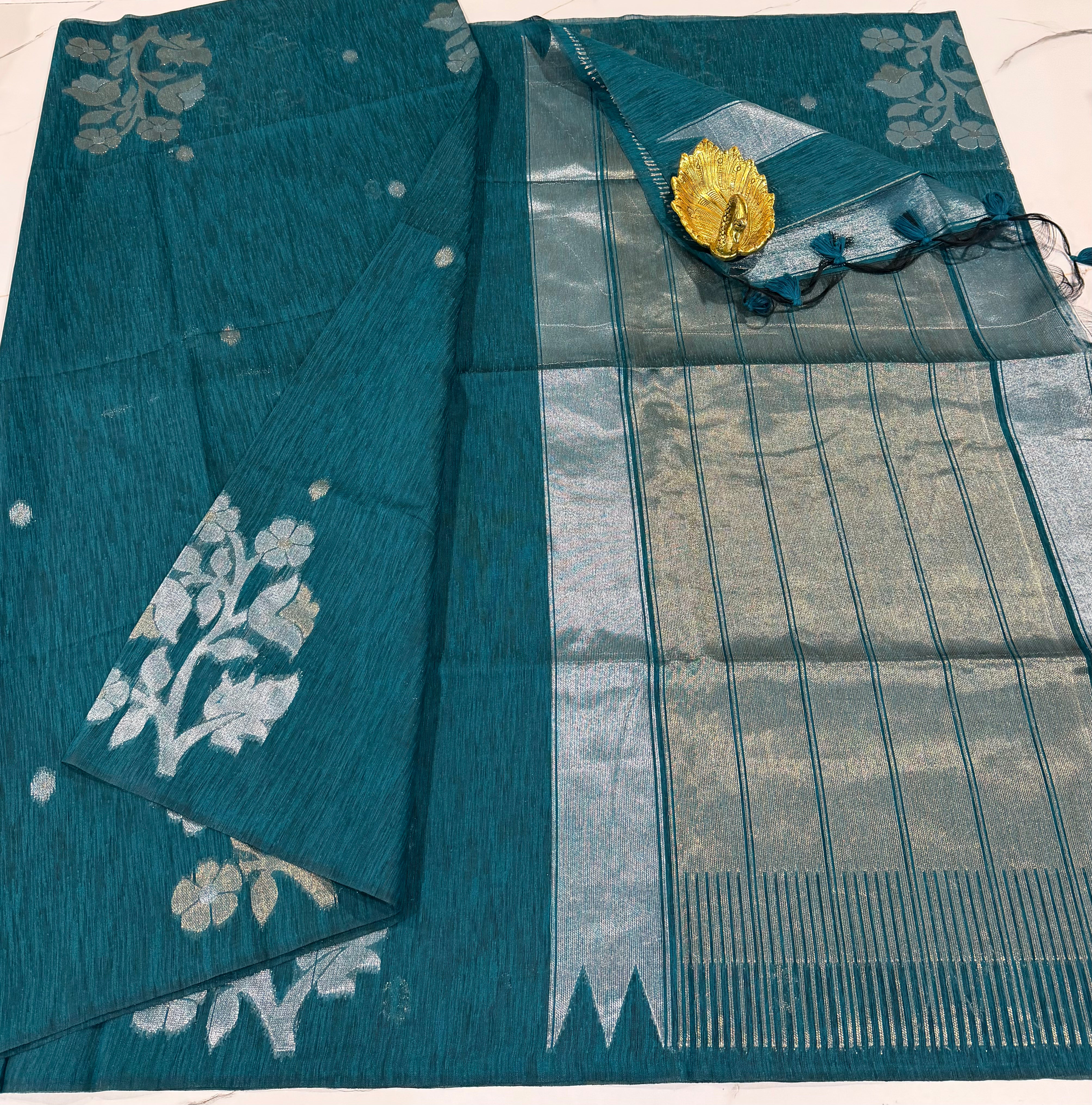 TL-1550 Krishna blue colour Linen jamdani floral saree