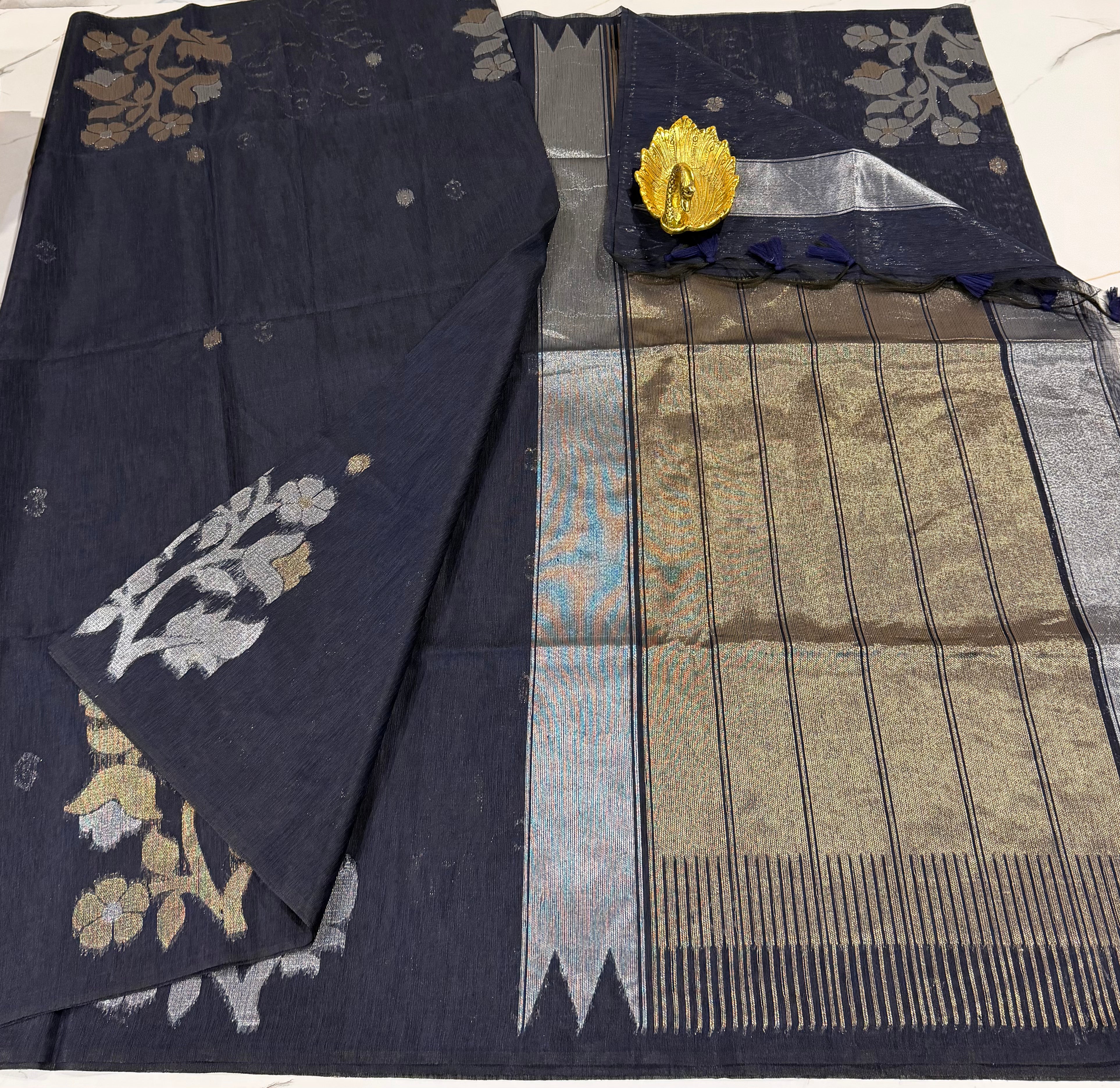 TL-1550 Navy Blue colour Linen jamdani floral saree