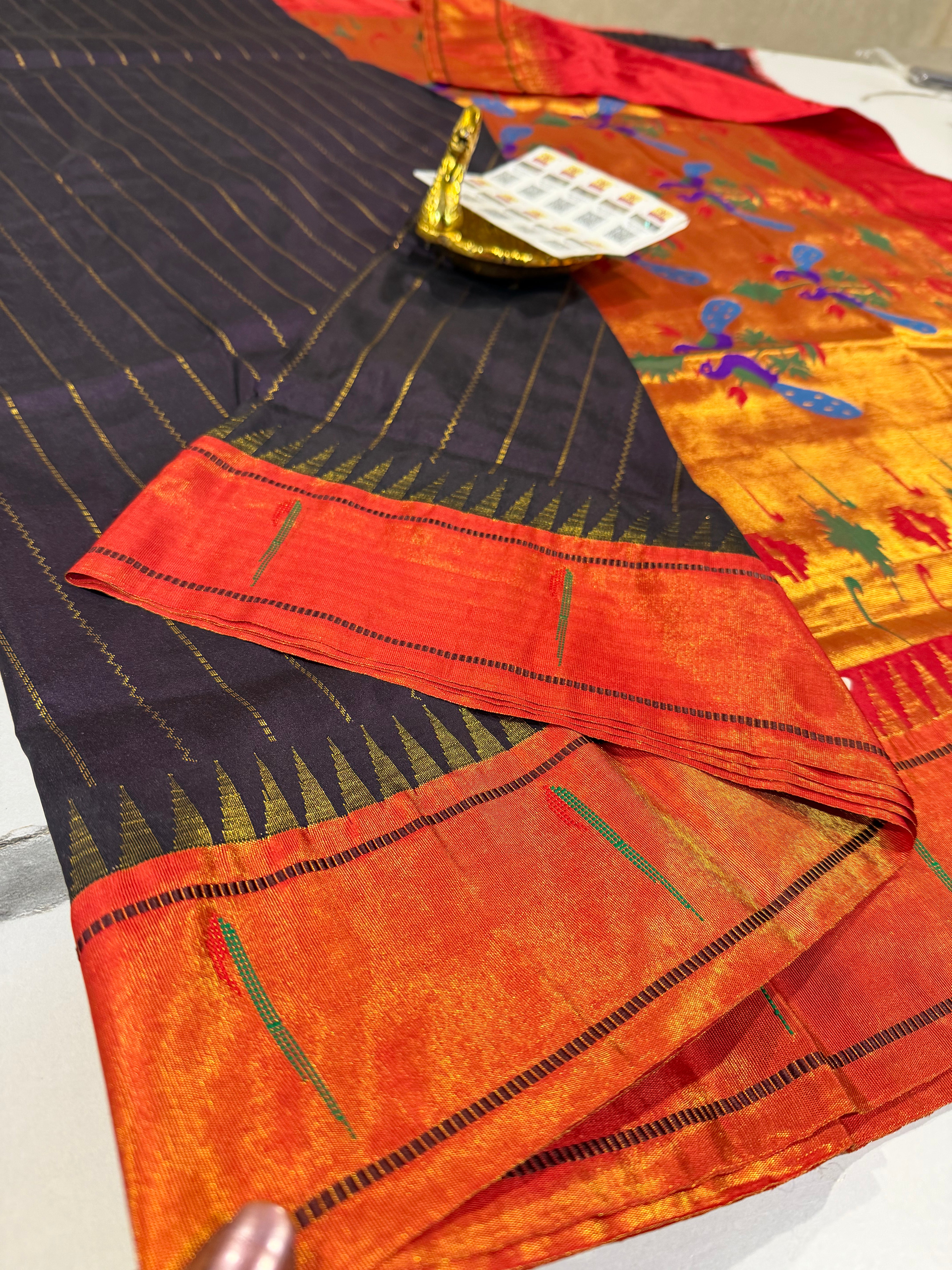 P-142 Midnight navy wine colour Paithani Pure silk vertical lines saree