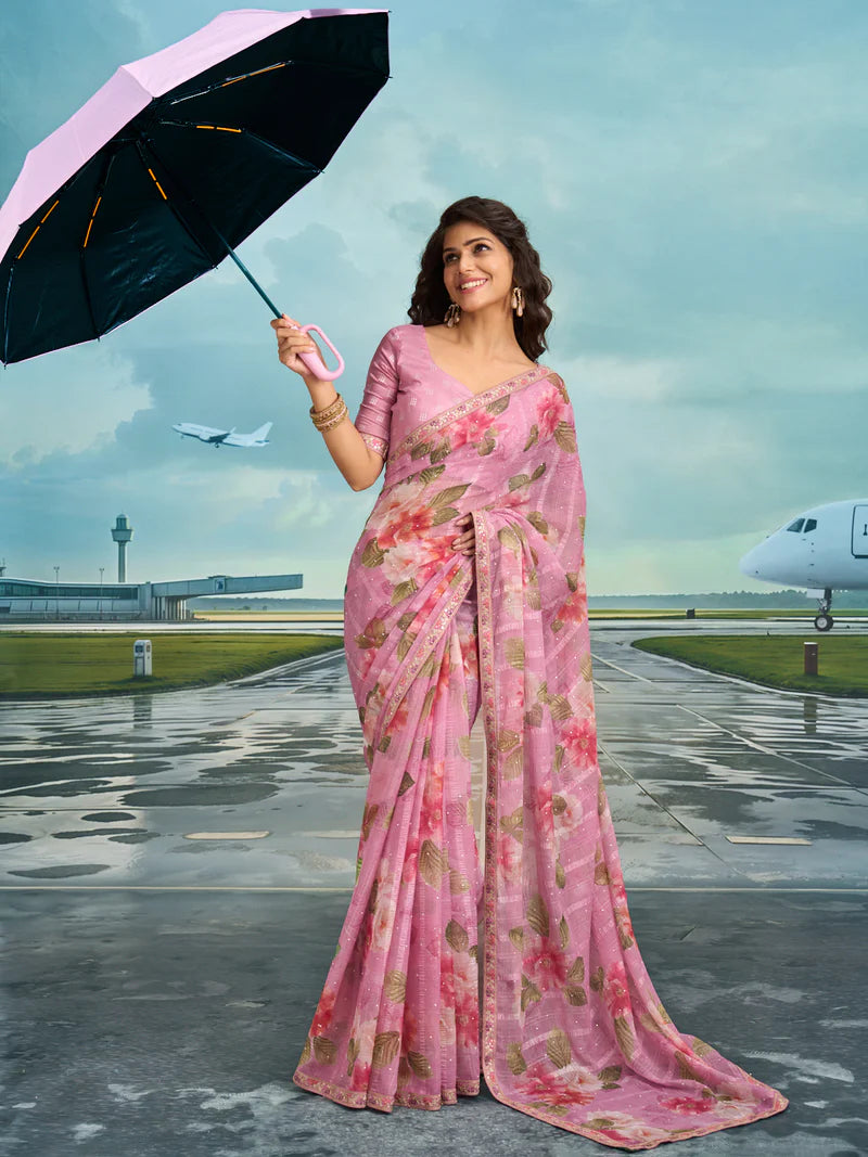 Lavender Floral Print Chiffon Saree