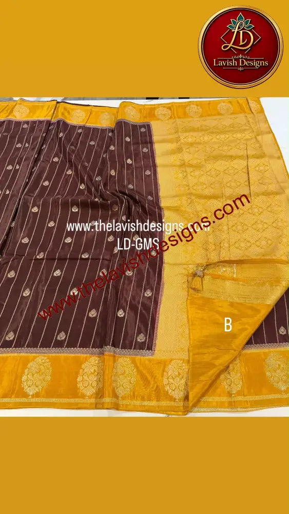 Banaras Green Mango sarees LD-GMS drak brown n yellow saree