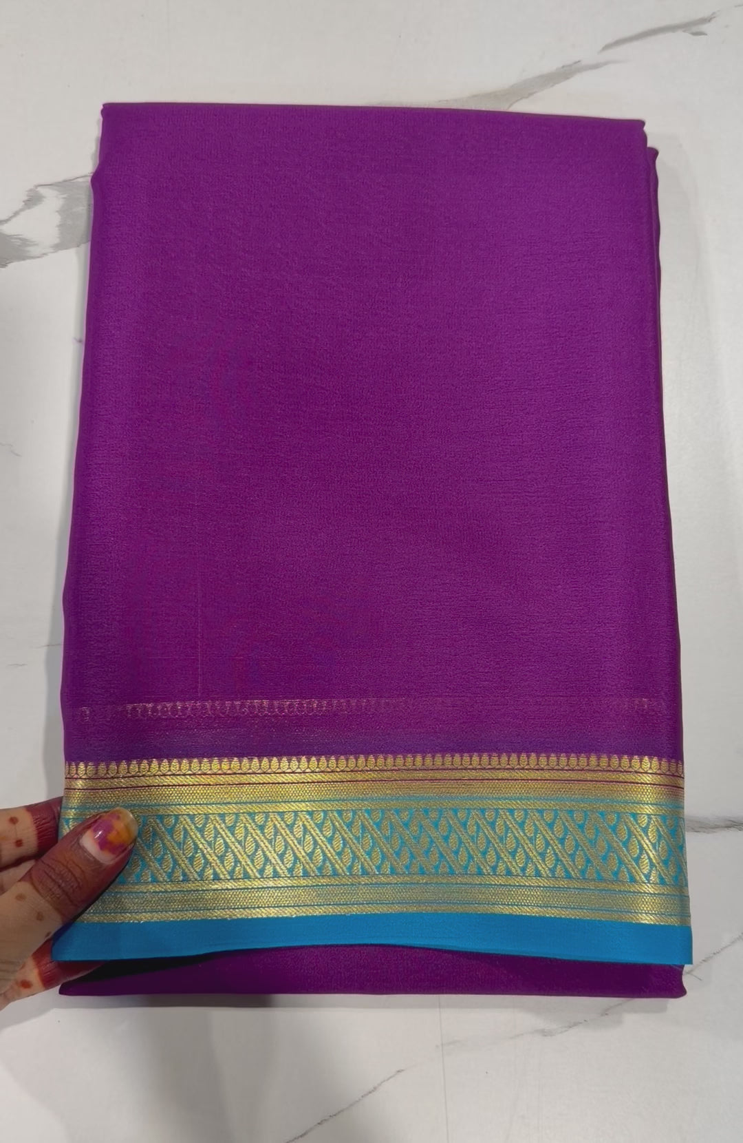 PM- 5700 purple and krishna blue border Mysore crepe silk saree