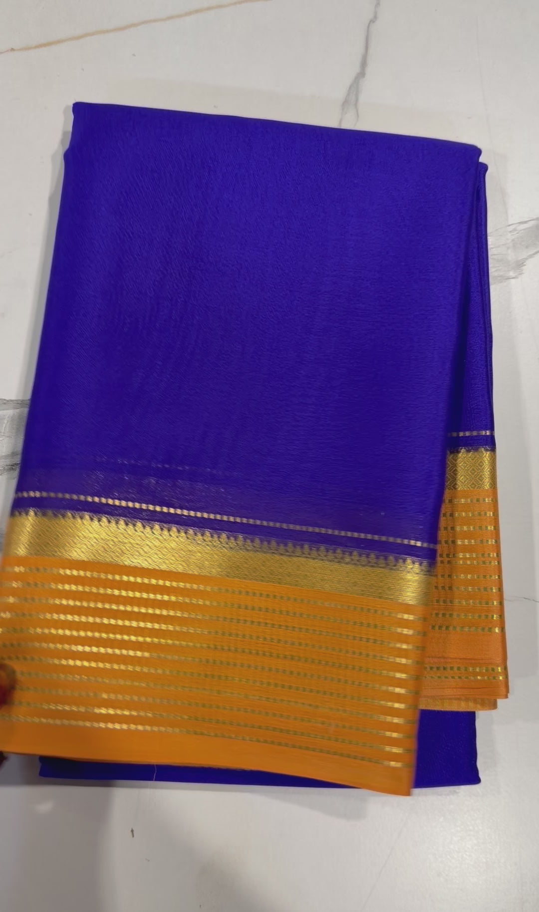PM-5700 Dark blue and Peach colour border Mysore crepe silk saree