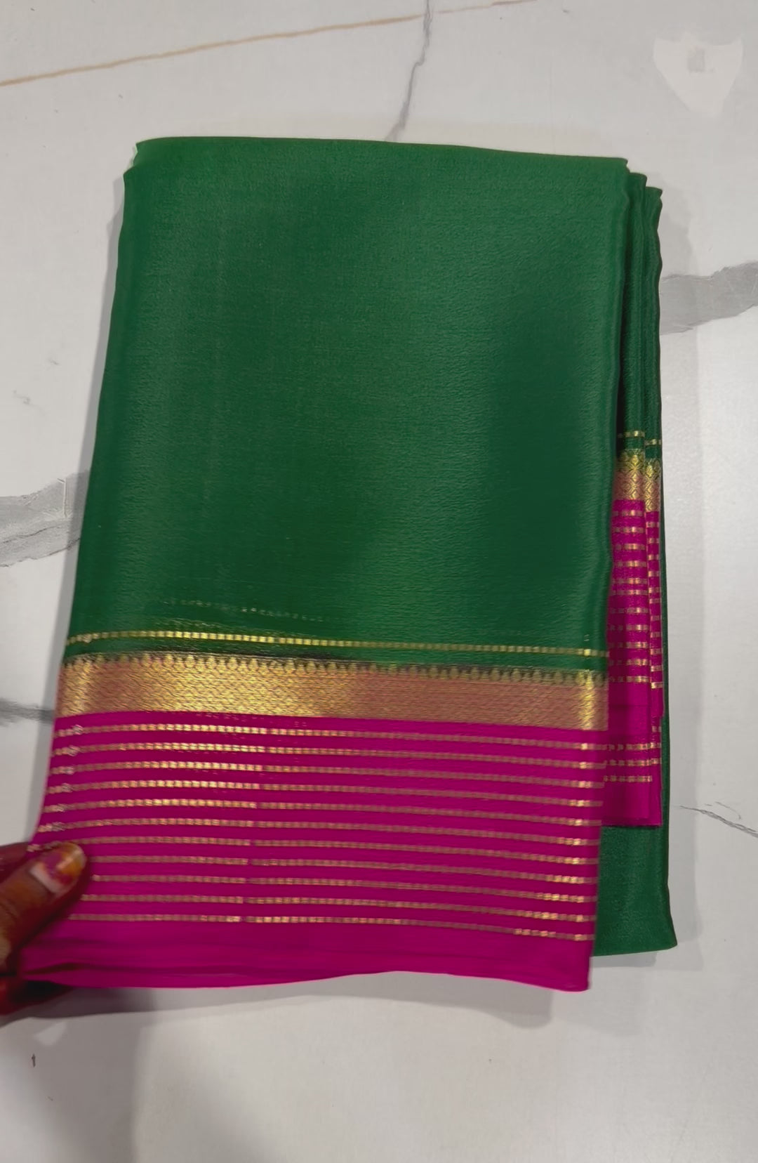 PM-5700 Dark Green and pink  colour border pure Mysore crepe silk saree