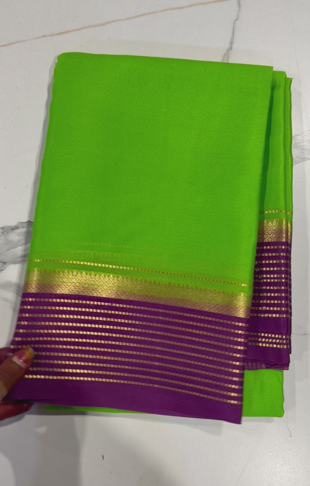 PM-5700 Light green and Purple colour border Mysore crepe silk saree